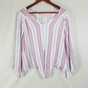 Peppermint Shirt Womens Small White Pink Top Stripe Long Flare Sleeve Tied Front